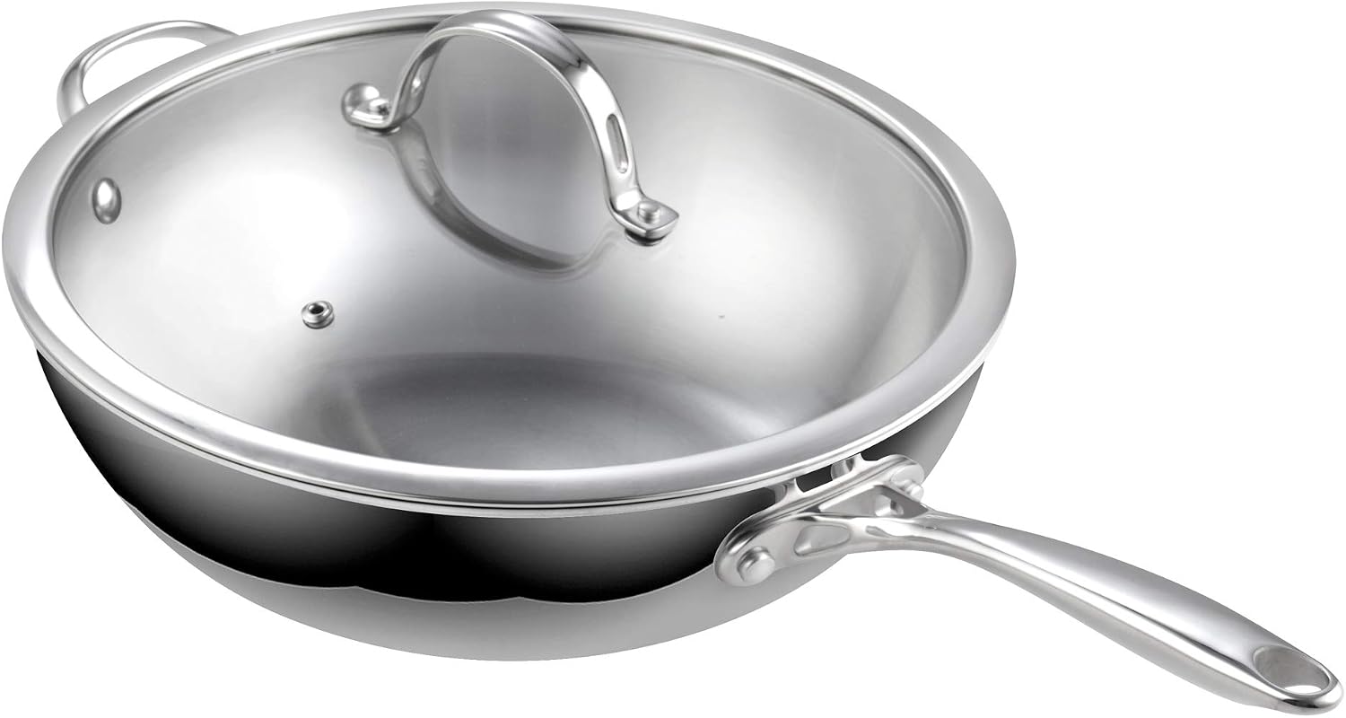 Cooks Standard Multi-Ply Clad 12 Inch Stainless Steel Wok Pan, Stir Fry Pan with Glass Lid, Induction Cookware, Dishwasher & Oven Safe, Compatible with All Cooktops