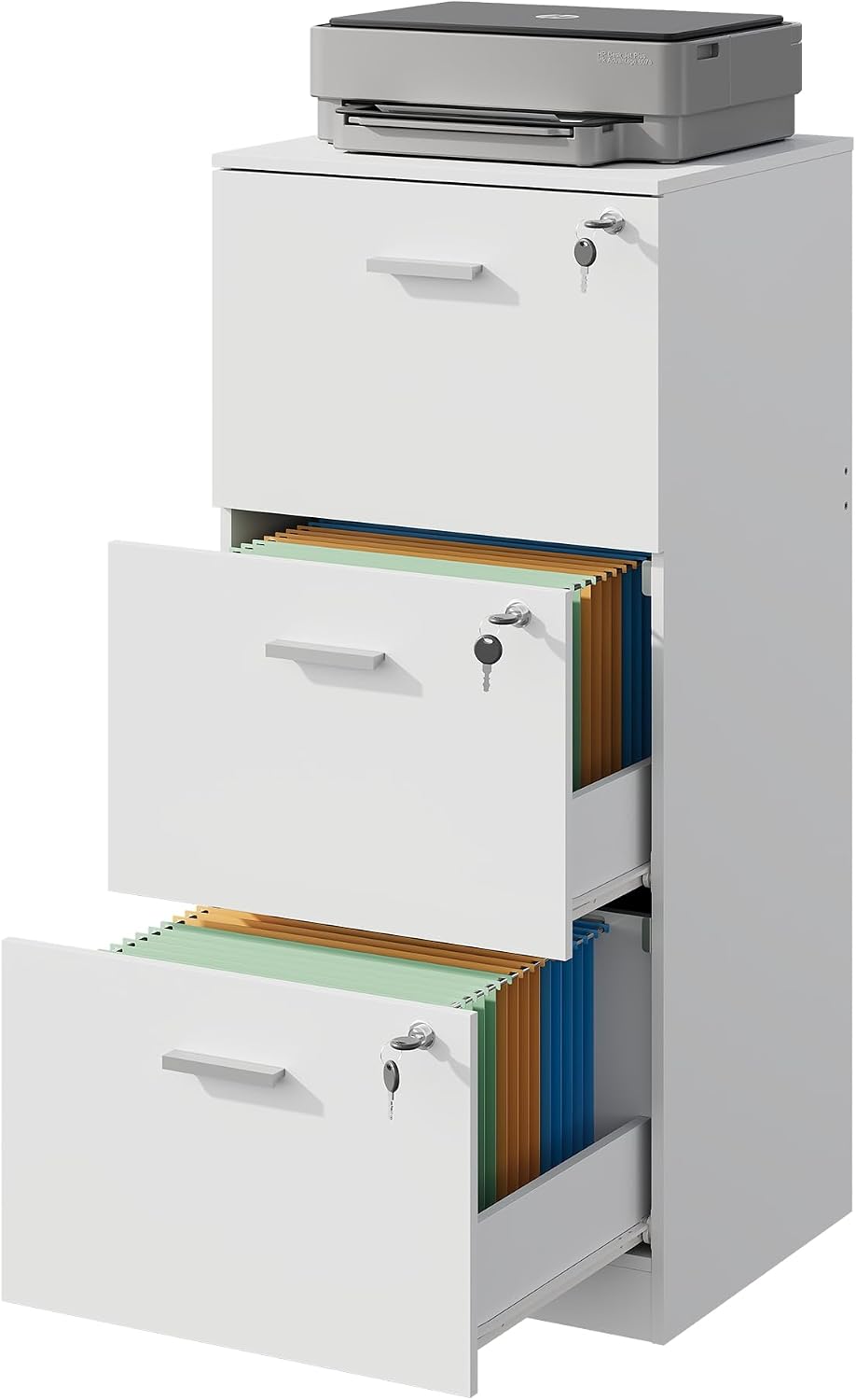 DEVAISE 3 Drawer Wood File Cabinet with Lock, Fits Letter and A4 Size | Wooden Tall Vertical Filing Cabinet, Home Office Printer Stand, Easy Assembly, White