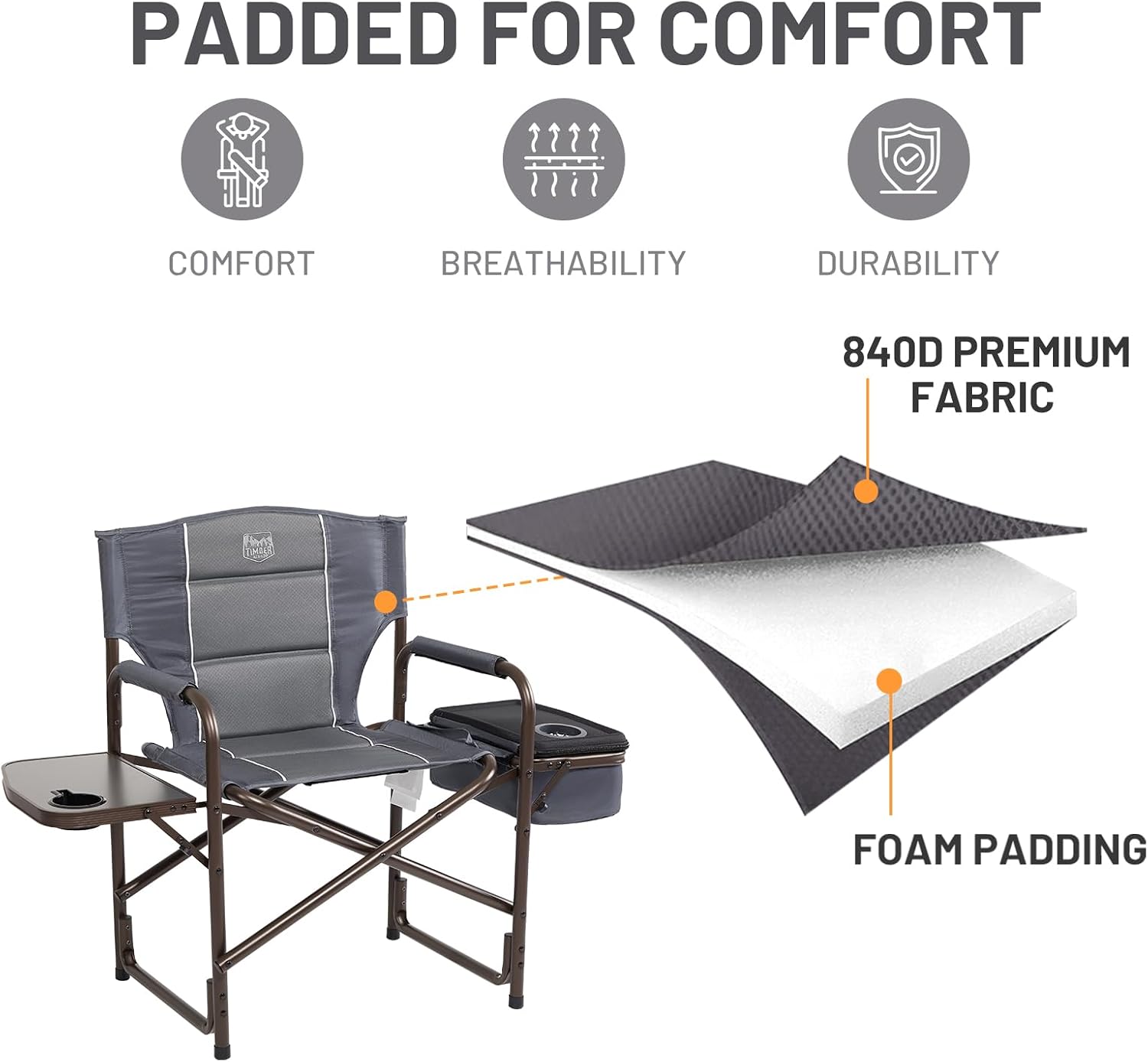 TIMBER RIDGE Lightweight Camping Chair, Portable Laurel Director's Chair with Foldable Side Table, Cooler Bag & Mesh Pocket, Compact Outdoor Folding Lawn Chair, Supports 300lbs, Grey