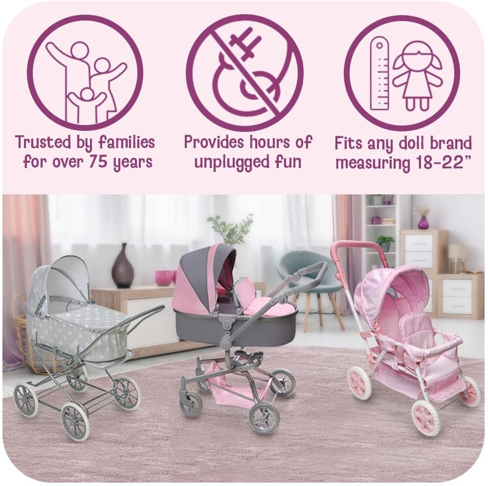 Badger Basket Foldable Jogging Style Doll Stroller - Adjustable Handle, Canopy, Straps & Basket - Fits 18-22" Dolls