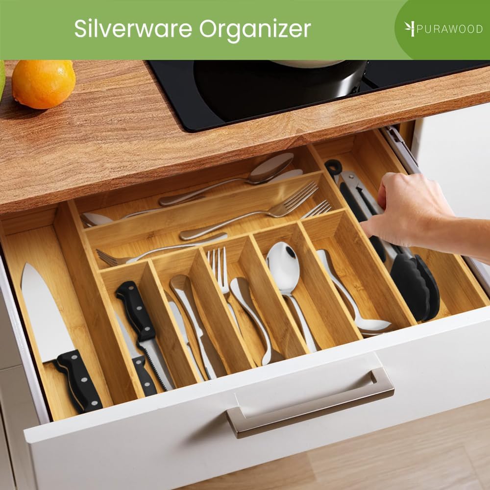 Purawood Kitchen Drawer Organizer - Expandable Utensil Drawer Organizer for Kitchen, Cutlery Tray & Silverware Organizer