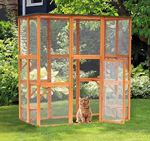PawHut Outdoor Cat House Big Catio w/Large Spacious Interior 71" L Orange | Wooden Feral Cat Shelter Enclosure, 6 High Ledges