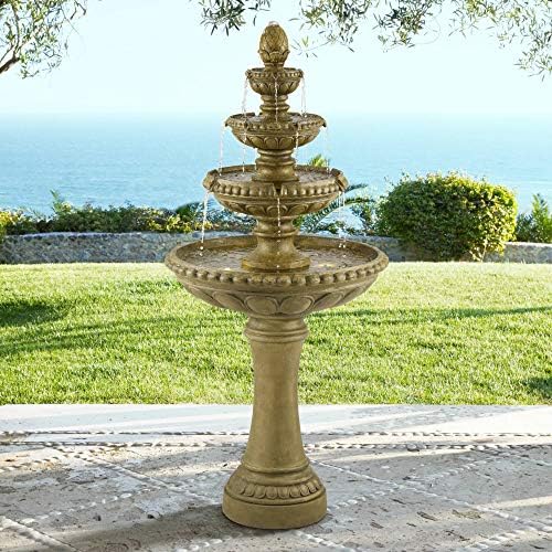 Sag Harbor 66" High Stone 4-Tier LED Outdoor Floor Large Fountain | Italian Decor Sand with Light Waterfall Standing Basin Water Feature for Outside