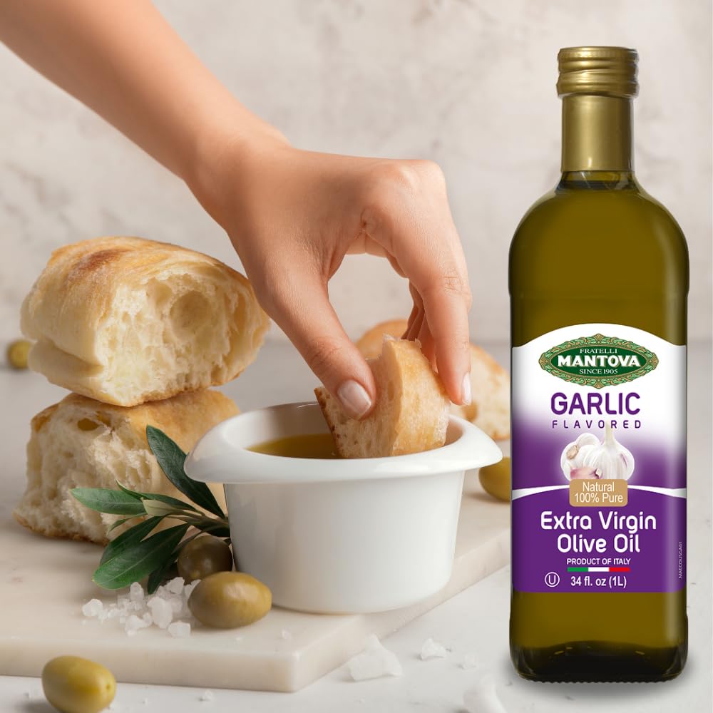 Mantova Garlic Extra Virgin Olive Oil (EVOO) - Cold-Pressed, Premium Quality, Imported from Italy - Perfect for Topping Salads, Vegetables, Pasta Salad, Dipping Italian Bread, or Pan-Frying (Pack of 1)