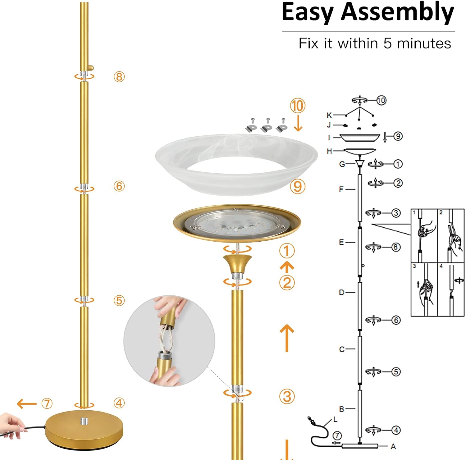 BoostArea Torchiere Floor Lamp, 30W Super Bright LED Standing Lamp, Stepless Dimmable Pole Lamp with 3000K Lighting, Rotary Switch