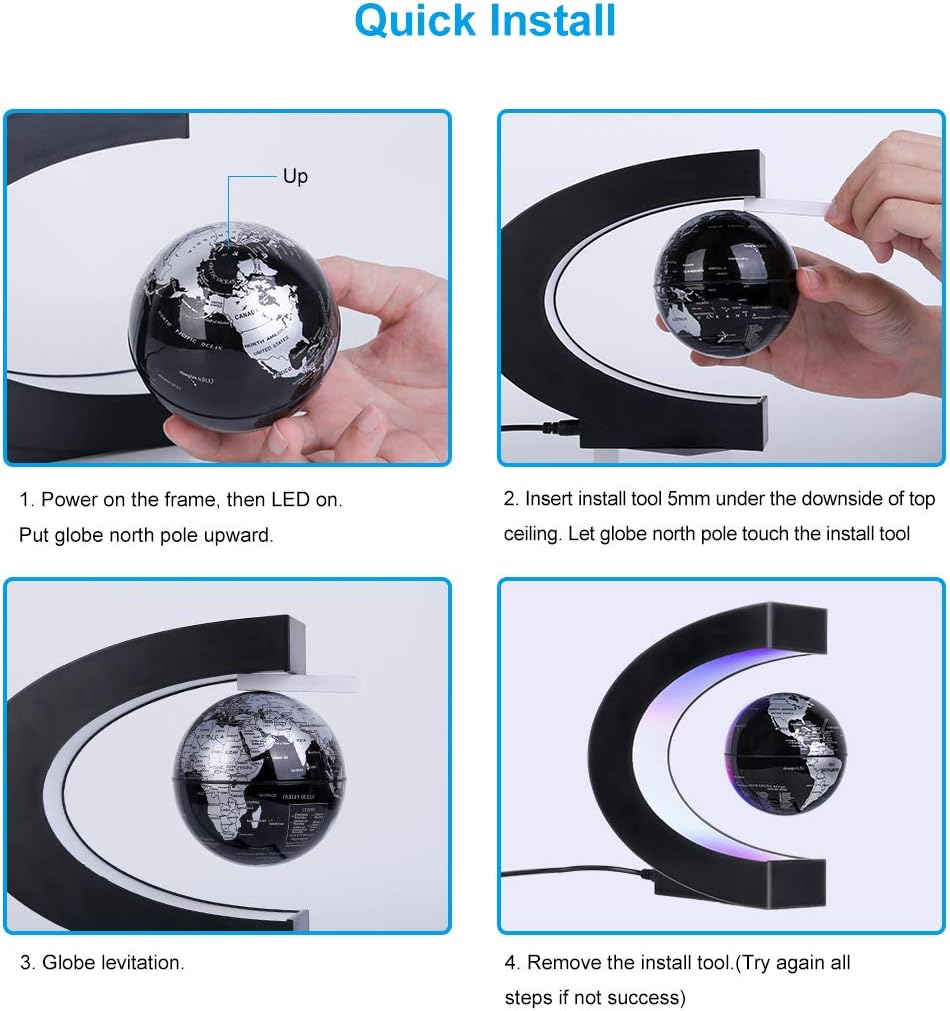 Magnetic Levitating Globe with LED Light | Cool Tech Gift for Men Father | Boys Birthday Gifts for Him | Floating Globes World Office Desk Accessories Tech Gadgets Home Decor Display- Black