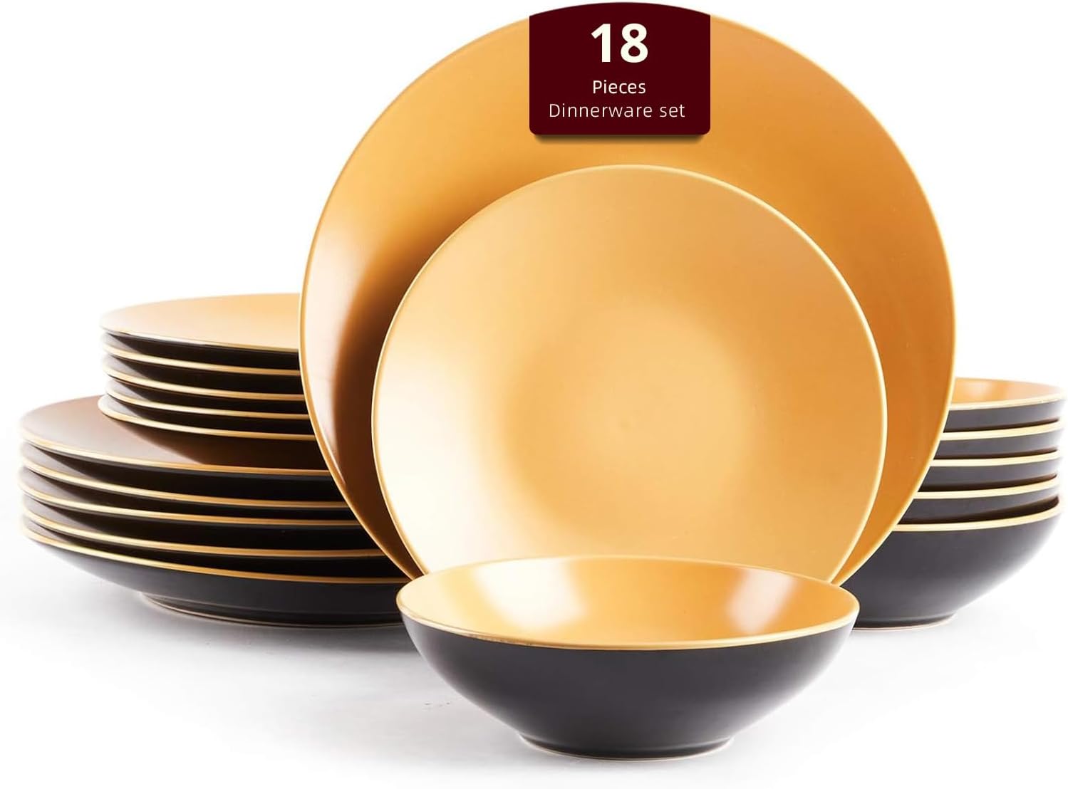 Stoneware Two-Tone Colors Life 16pc Dinner Set，Outside Shiny Black + Inside Matte Glaze Olive