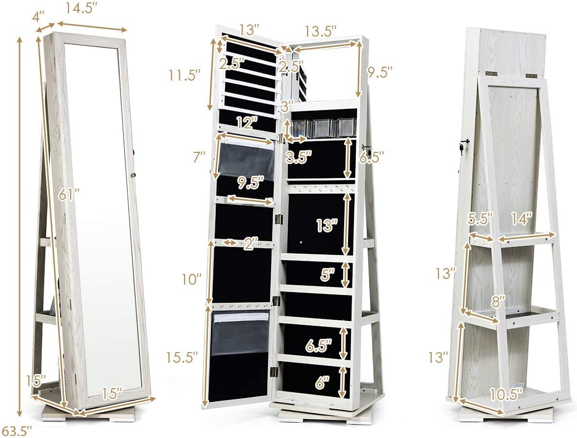 CHARMAID 360° Swivel Jewelry Armoire with Higher Full Length Mirror, Standing Lockable Jewelry Cabinet Organizer with Large Storage Capacity