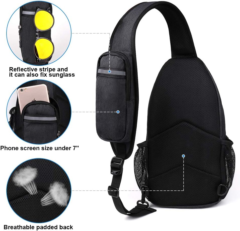 WATERFLY Crossbody Sling Backpack Sling Bag Travel Hiking Chest Bag Daypack (Black) | Small Hiking bag,Multi-compartment storage,Water-resistant,Breathable back pad,Reversible adjustable shoulder strap
