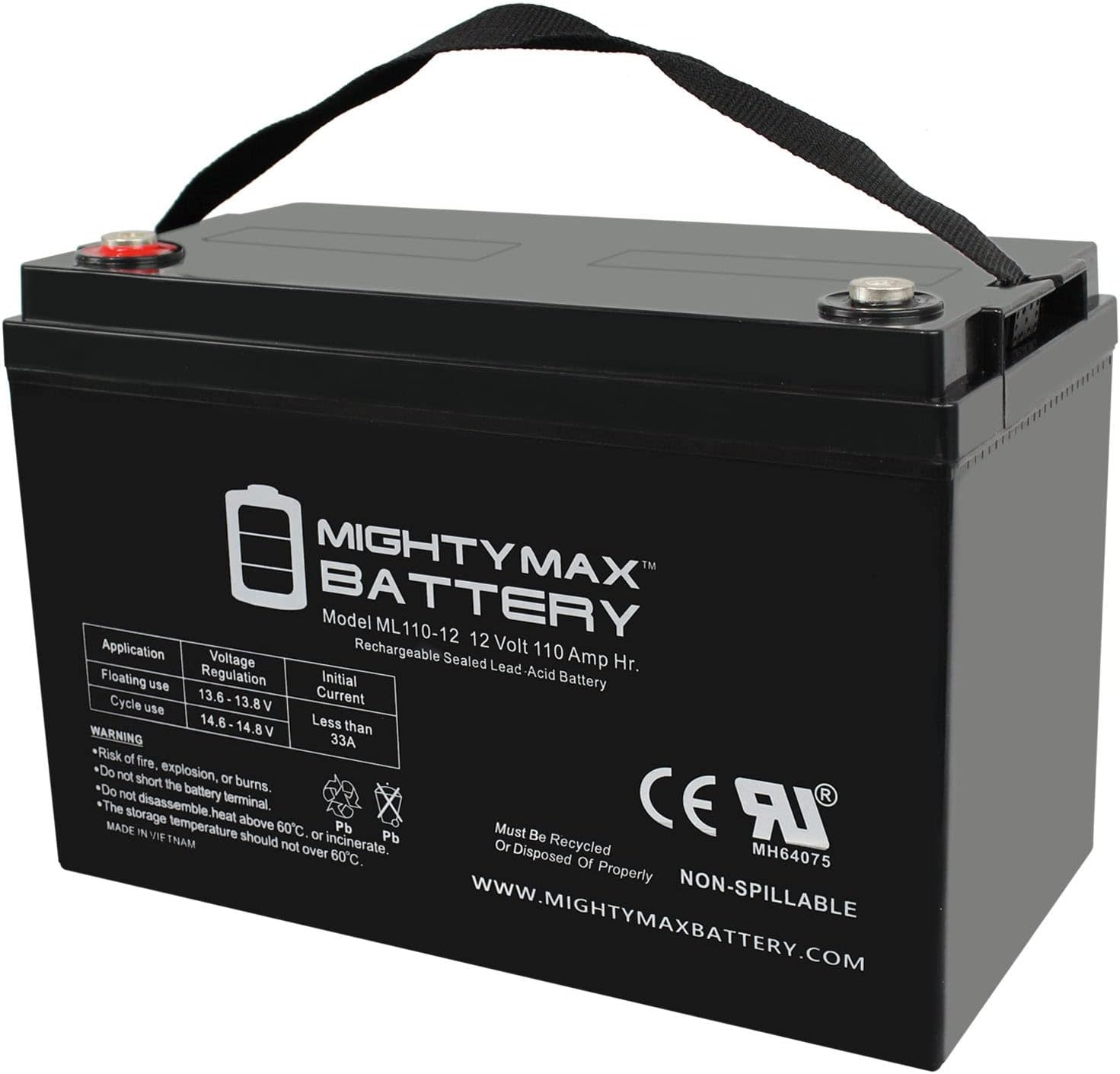 ML100-12 - 12 Volt 100 AH, Internal Thread (INT) Terminal, Rechargeable SLA AGM Battery, 1 Count (Pack of 1)