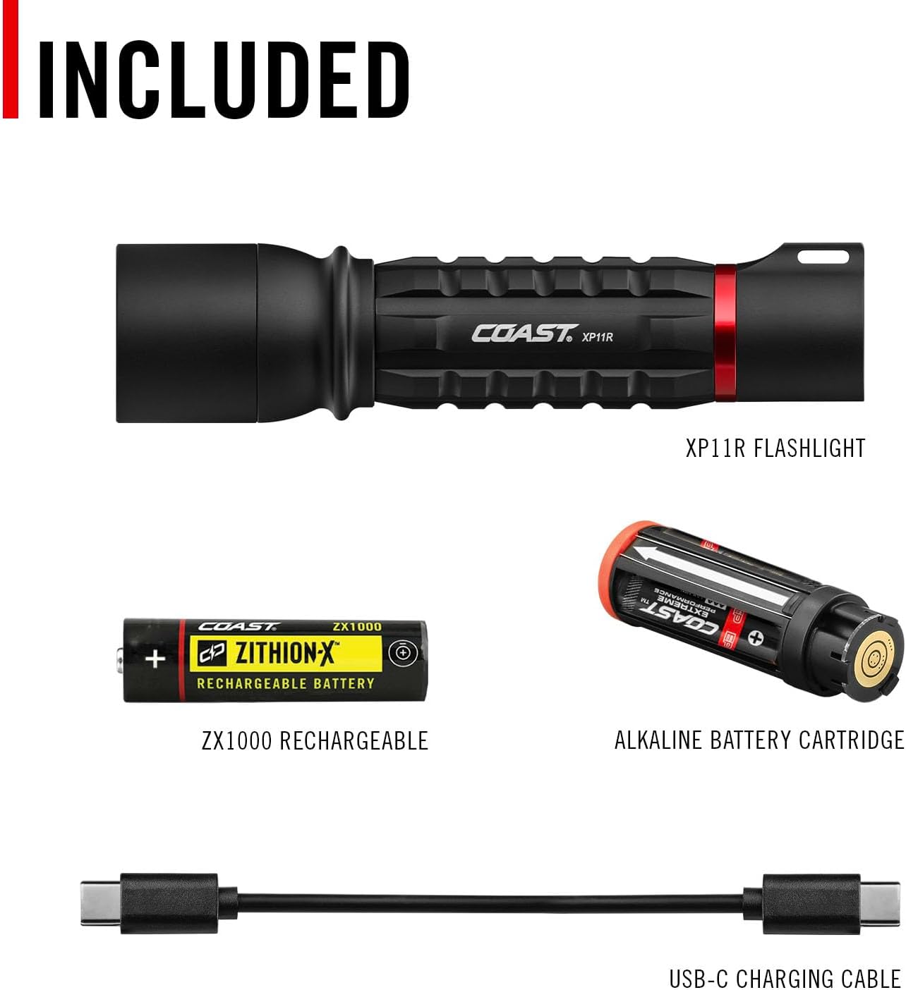 Coast XP11R 2600 Lumen USB-C Rechargeable LED Flashlight with Slide Focus and Pure Beam Focusing Optic, 4 Light Modes, Black