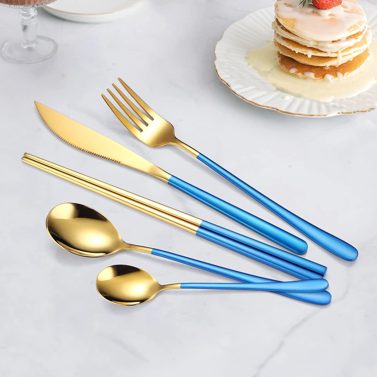 AARAINBOW 6 Pieces 18/8 Stainless Steel Flatware Set Portable Reusable Cutlery Set Travel Utensils Set Including Chopsticks Knife Fork Spoon Straws