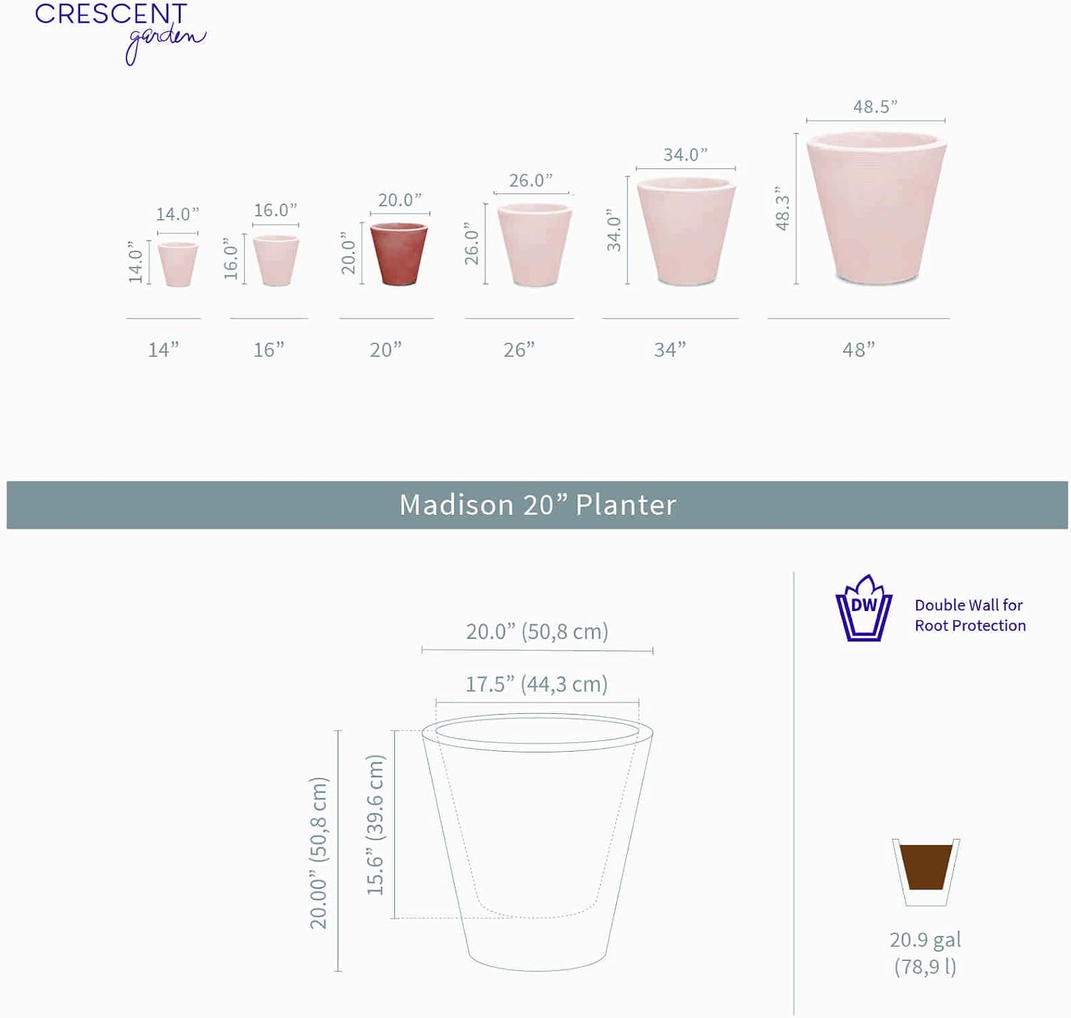 Crescent Garden Madison Planter– Weather-Resistant, Double Walled Indoor/Outdoor Plant Pot with Drain Hole – Durable All-Season Flower Container, 14" W (Cloud White)