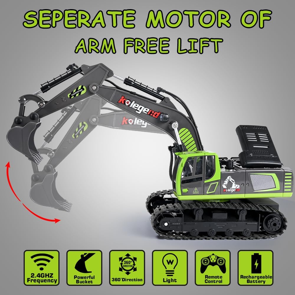 kolegend 1:18 Scale RC Excavator Toy with Metal Shovel, 11 Channels Remote Control Construction Truck