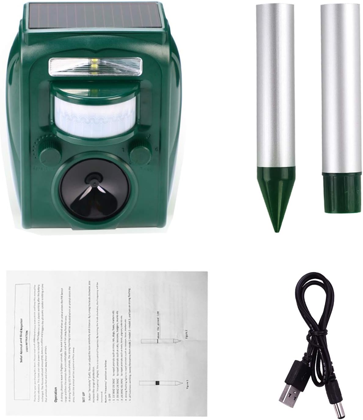 Solar Ultrasonic Animal Repeller, Cat Repellent, Motion Detection, Siren and Flash Repel. Dog, Squirrel, Deer, Raccoon, Skunk, Rabbit, Fox, etc