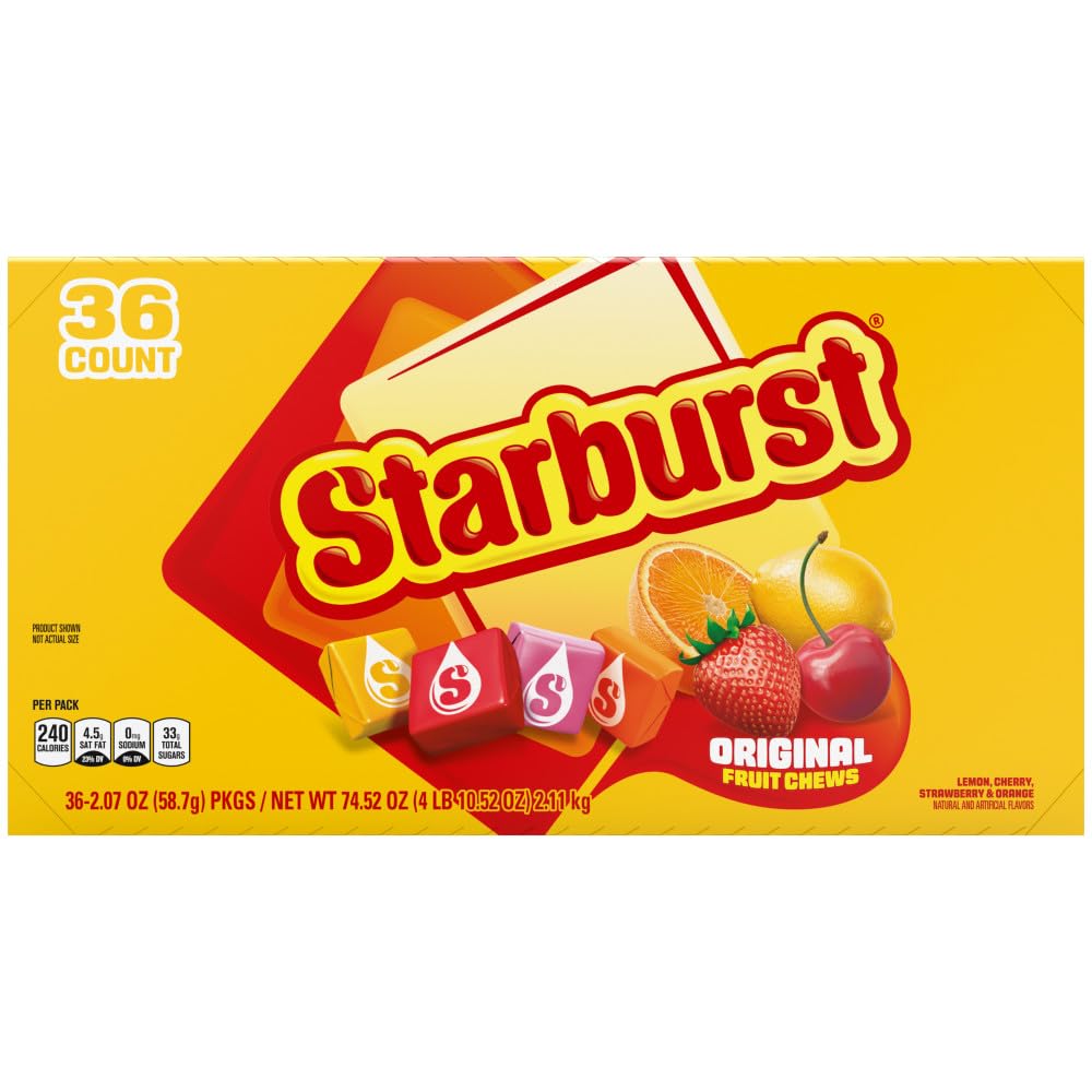 STARBURST Original Full Size Fruit Chews Chewy Candy Bulk 36 Packs, 2.07 oz | Soft fruit chews in full size packs, great for birthdays, desserts, road trips and pantry snacking, lunch box, bulk candy