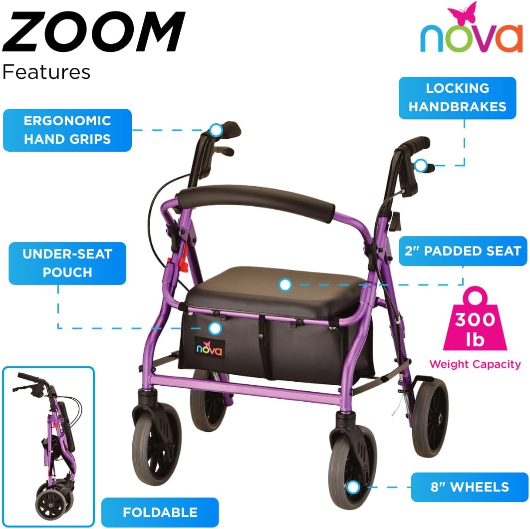 NOVA Zoom 22 Rollator Walker for Seniors, Rolling Walker with Locking Hand Brakes, Padded Seat & 8" Wheels, Lock N Load for Easy Transport & Storage, Adjustable Height 5'5"–6'1", Red