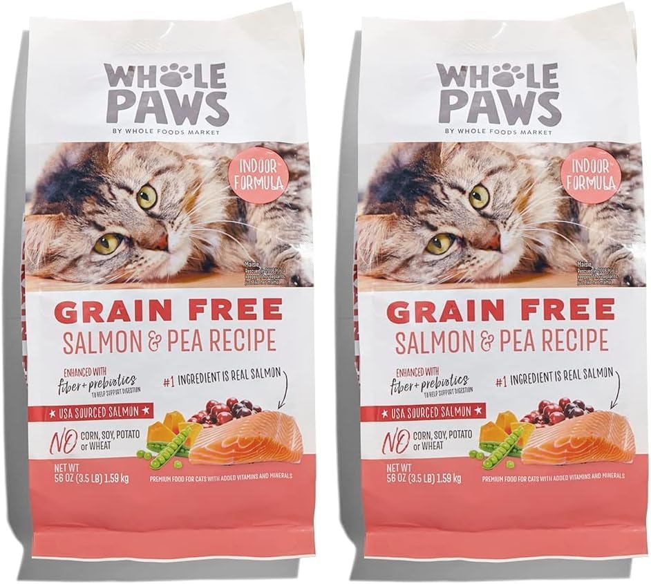 Whole Paws, Grain-Free Dry Cat Food, Salmon & Pea Recipe, Enhanced with Fiber & Prebiotics, Indoor Formula, 3.5 lb