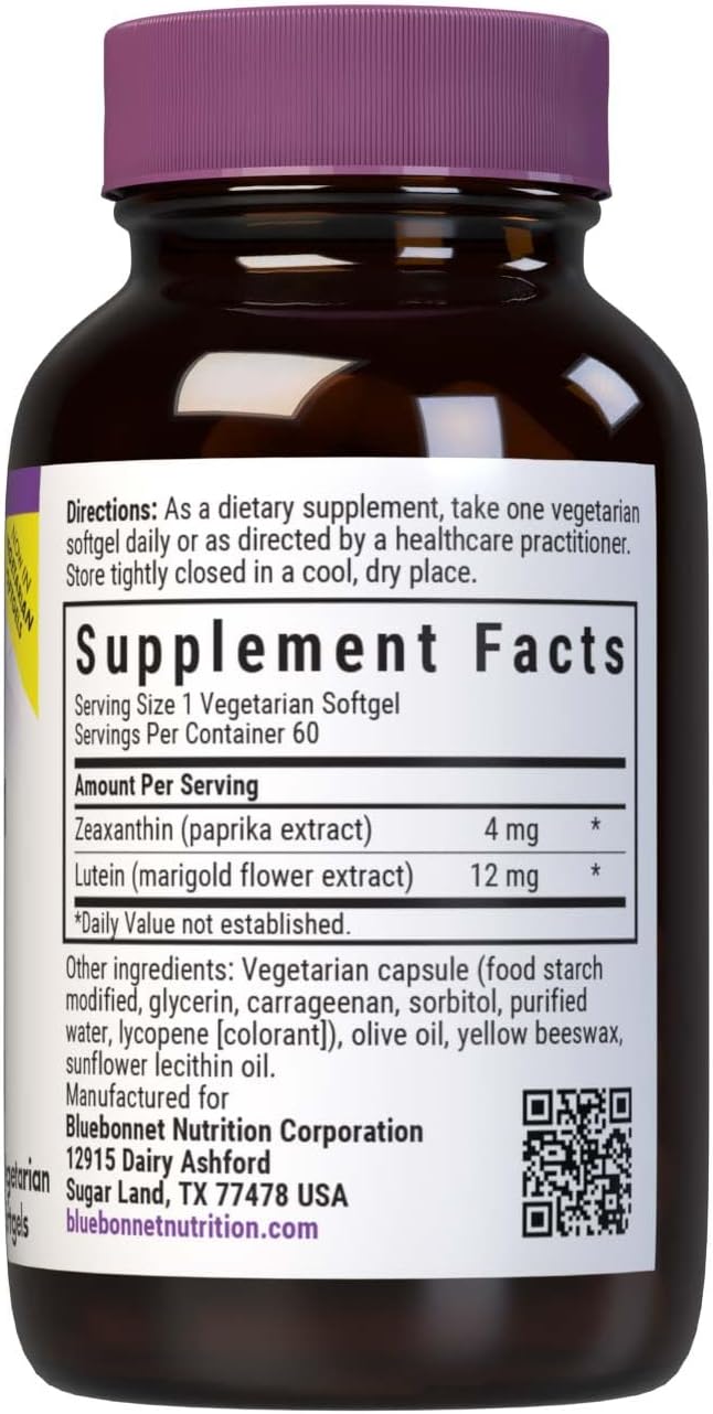 Bluebonnet Nutrition Zeaxanthin & Lutein, Eye Health*, Gluten-Free, Dairy-Free, 60 Vegetarian Softgels, 60 Servings | Eye Health; Vegetarian, Gluten-Free, Dairy-Free