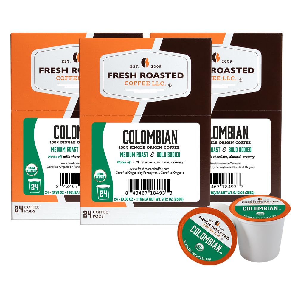 Fresh Roasted Coffee, Organic Colombian K-Cup Pods for Keurig Brewers, Medium Roast, USDA Organic, Kosher, 24 Count (Pack of 3)