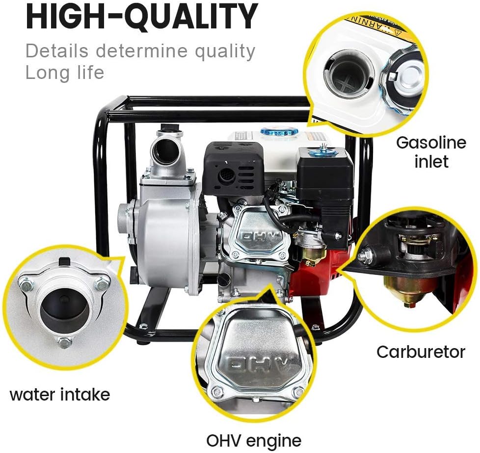 DC HOUSE 6.5 HP 4-Stroke, Gas-Powered Water Transfer Pump, 2 Inch 212CC 158GPM Heavy Duty Semi-Trash Clean Water Pump