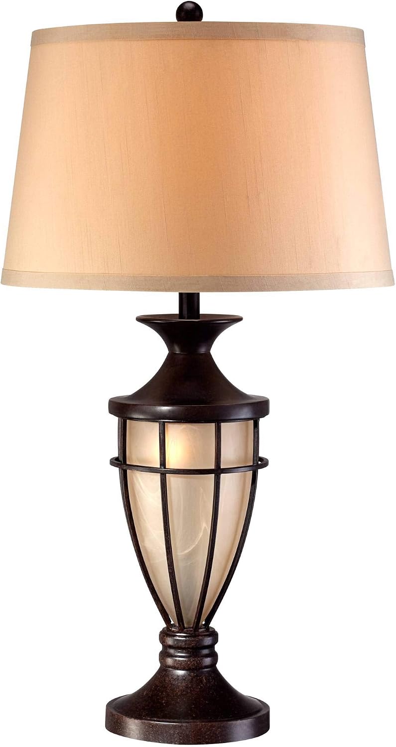 Cage 33" Large Table Lamp Mission Night Light Champagne Nightlight | Brushed Bronze Brown Iron Glass Living Room Bedroom House Bedside Nightstand Home Office Entryway Beige Drum
