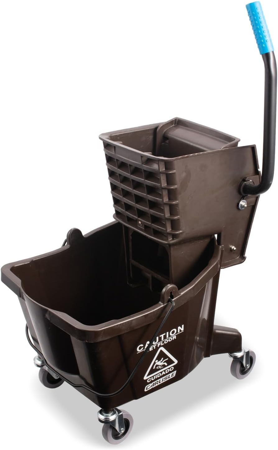 Carlisle FoodService Products 26 Qt Mop Bucket with Side Wringer, Yellow | 18.5 x 16.5 x 16.5 Inches, 34.25-Inch Handle Height, 50,000-Cycle Wringer, Non-Marking Casters, Assembly Required