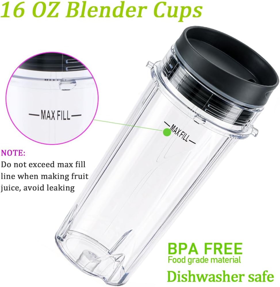 Replacement16oz Blender Cup for Ninja,Single Serve Blender Cup With Lids Set For BL770 BL780 BL660 BL740 BL810 Nutri Ninja Series Blenders (2-pack)