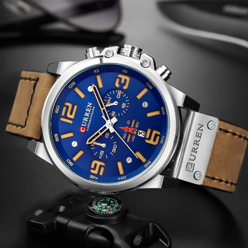 FANMIS Mens Classic Analog Quartz Chronograph Sandwich Dial Leather Watch