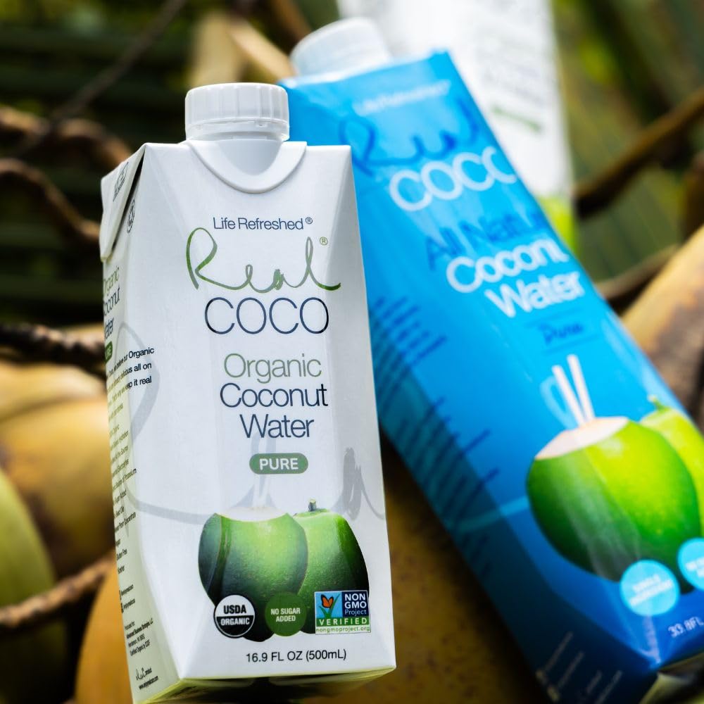 Real Coco Organic Pure Coconut Water (6-Pack 1L), USDA Organic, No Added Sugar, Plant Based, Packed with Electrolytes, Vegan