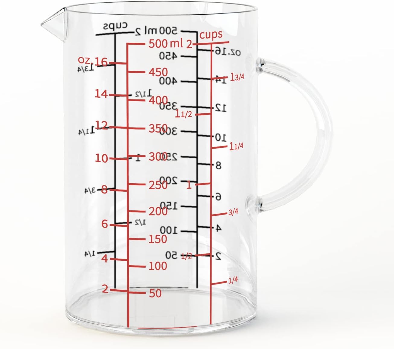 2 Cup Glass Measuring Cup, [Insulated handle, V-Shaped Spout], High Borosilicate Glass Measuring Cup for Kitchen or Restaurant, Easy To Read, 500 ML (0.5 Liter, 2 Cup)