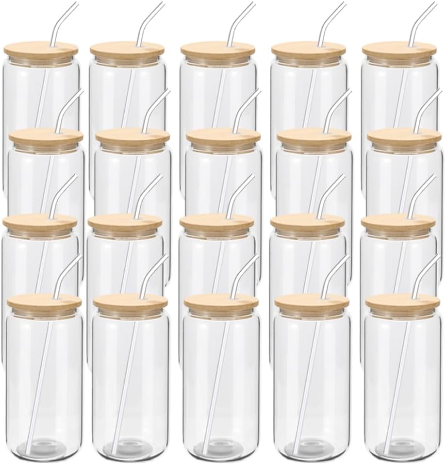 YOUKE OLA 20 Pack Glass Cups with Bamboo Lids and Glass Straw 16oz Beer Can Shaped Drinking Glasses Cups, Glass Tumbler Reusable Cute Cups for Whiskey