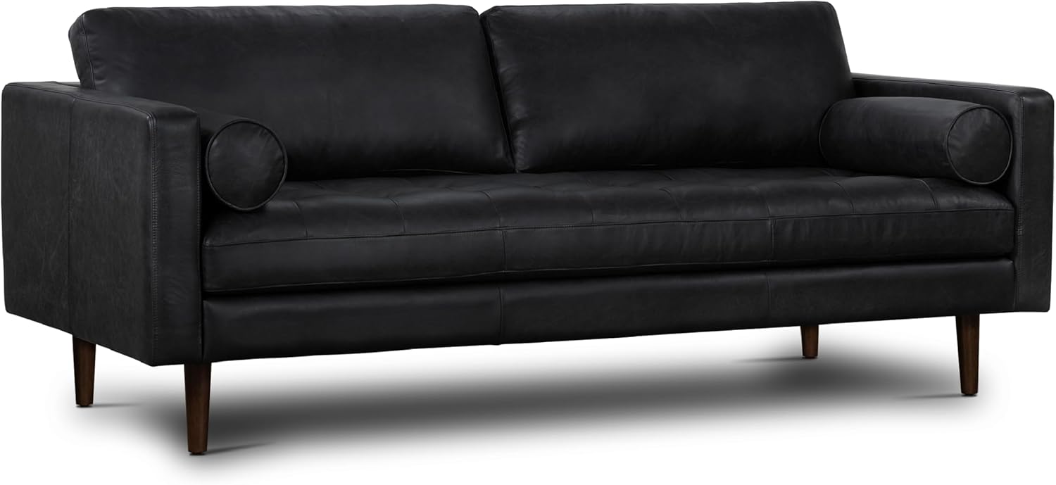 Poly & BARK 55" Tufted Leather Bed Bench for Bedroom End of Bed - Living Room Entry Way Bench - Pure Italian Leather Upholstery with a Solid Wood Frame - Ottoman Bench with Wooden Legs - Cognac Tan