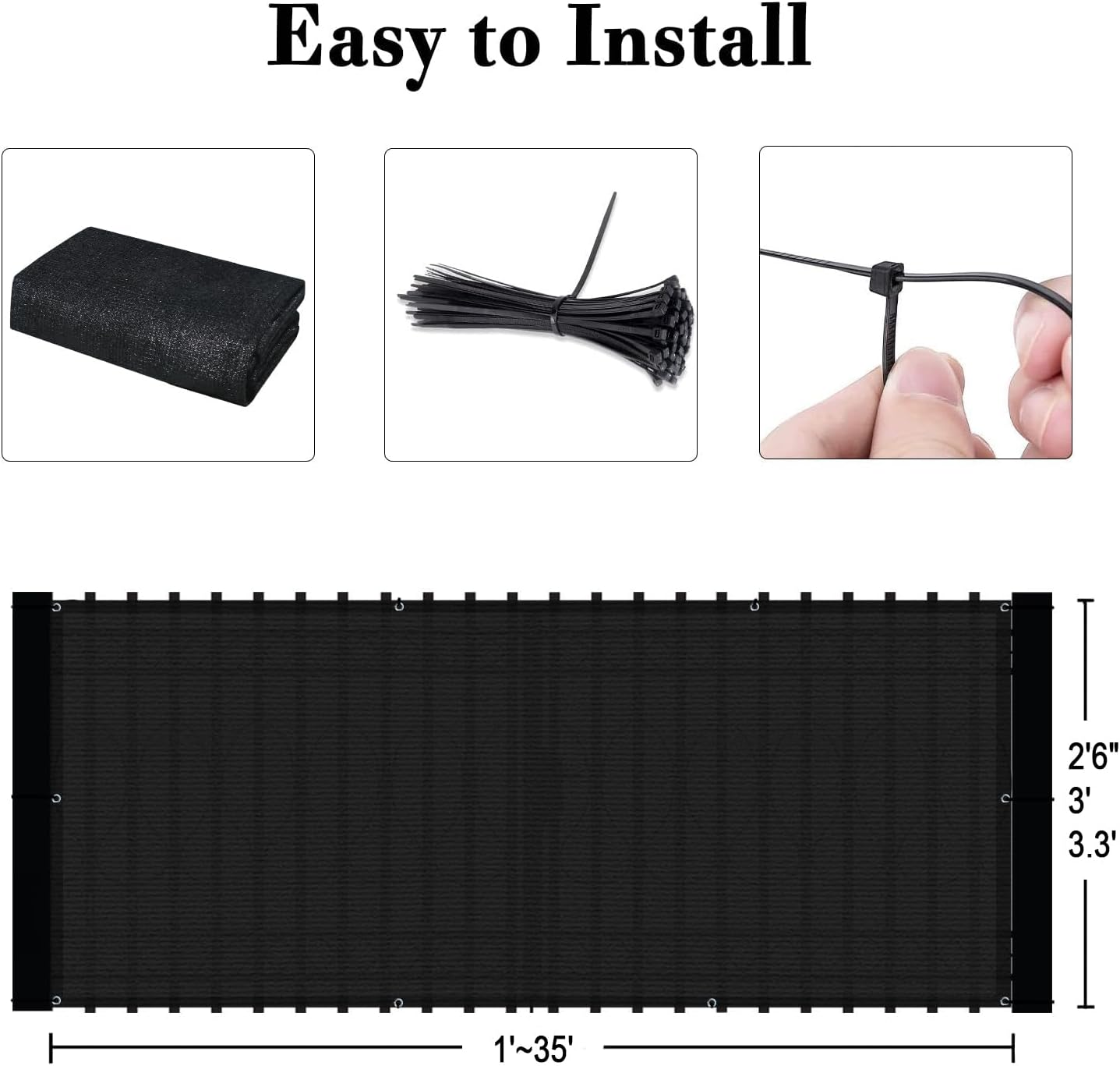 SUNLAX 3'x10' Black Balcony Privacy Screen Fence Windscreen 90% UV Block