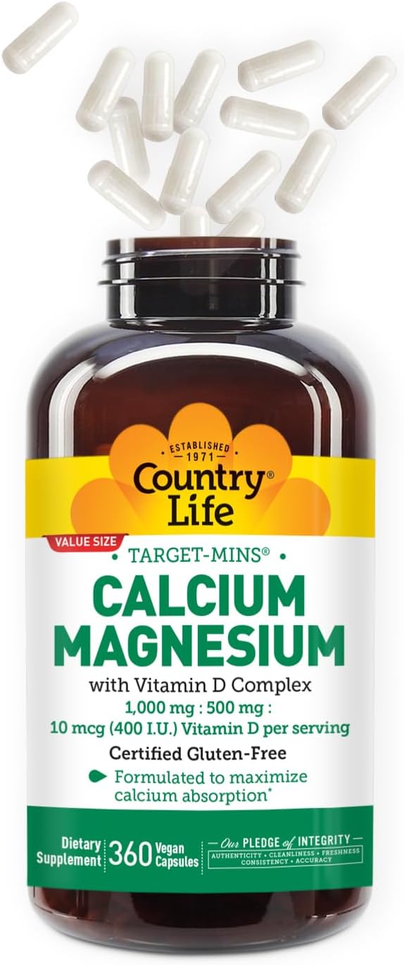 Country Life Target-Mins Calcium Magnesium with Vitamin D, 240 Capsules | 1,000 mg calcium, 500 mg magnesium and 10 mcg vitamin D per serving for bone health and calcium absorption