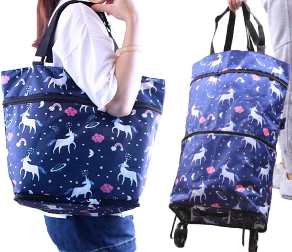 Collapsible Shopping Bag with Wheels Portable Shopping Cart with 360° Swivel Wheels Rolling Tote Bag Reusable Grocery Bag Trolley Bag on Wheels for Travel Shopping and Daily Use(Blue)