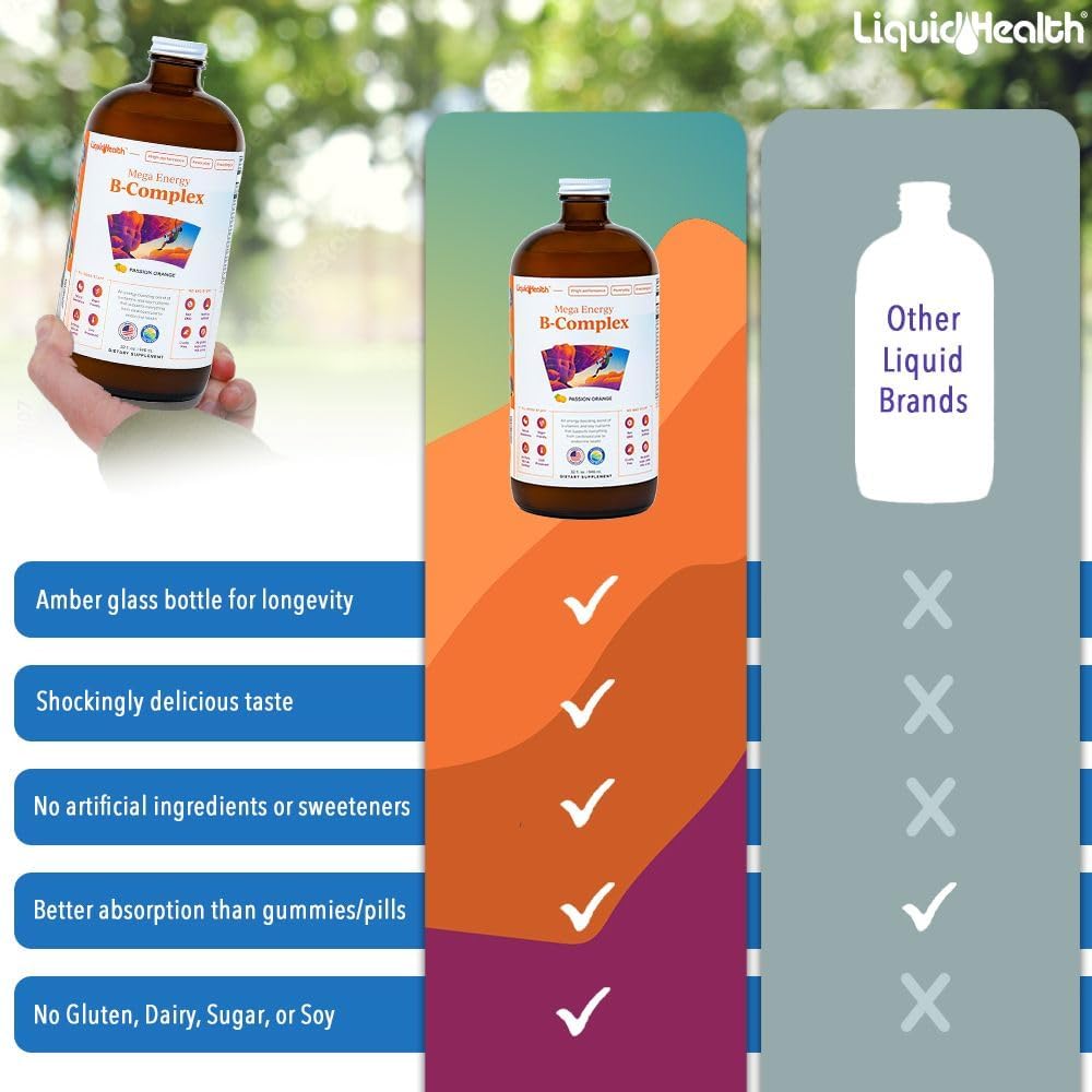 LIQUIDHEALTH Mega Energy Methylated B-Complex, Adult Liquid Vitamin Supplement - Increase Energy, Relieve Stress & Fatigue, Immune Support, Heart & Gut Health - Made in USA, Vegan, Sugar-Free (32 oz)