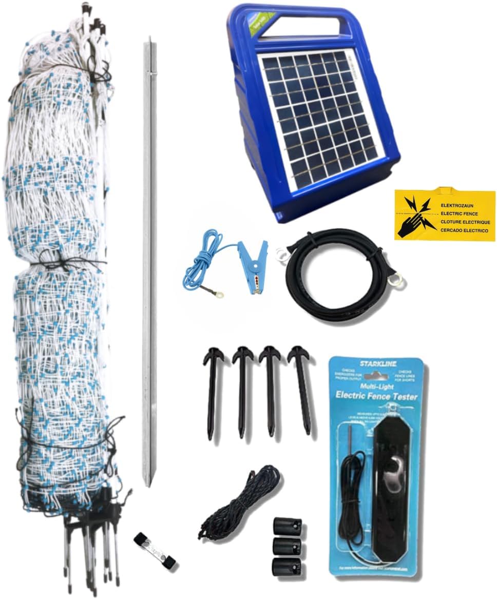 Starkline 48" x 164' Premium Electric Poultry Netting Solar Kit | White/Blue All-in-One Solar Electric Fence Kit for Backyards, Homesteads, Farms