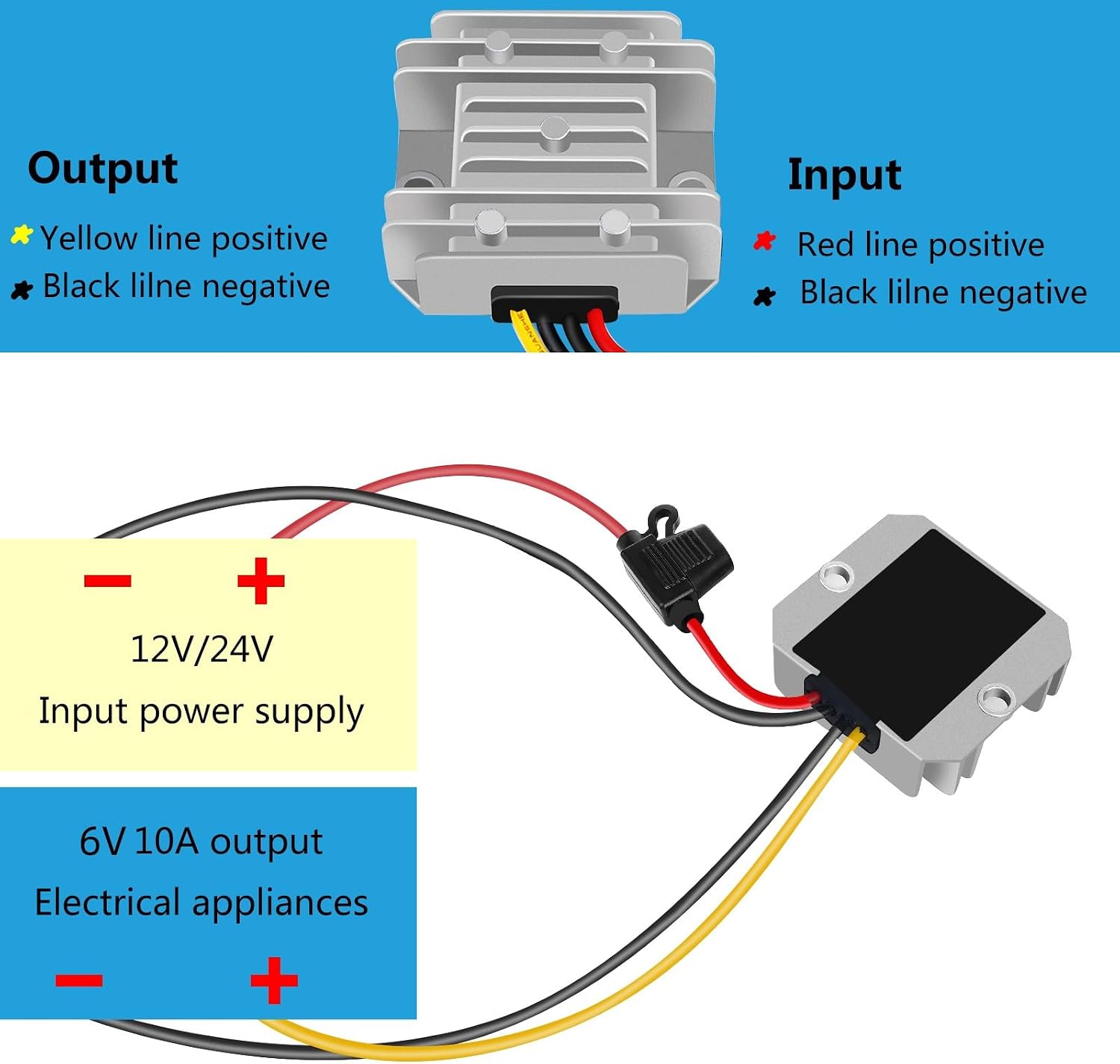 DC-DC 6V 10A 60W Step-Down Converter 12V 24V to 6V Power Transformer Converter with Fuse, Waterproof Voltage Regulator…