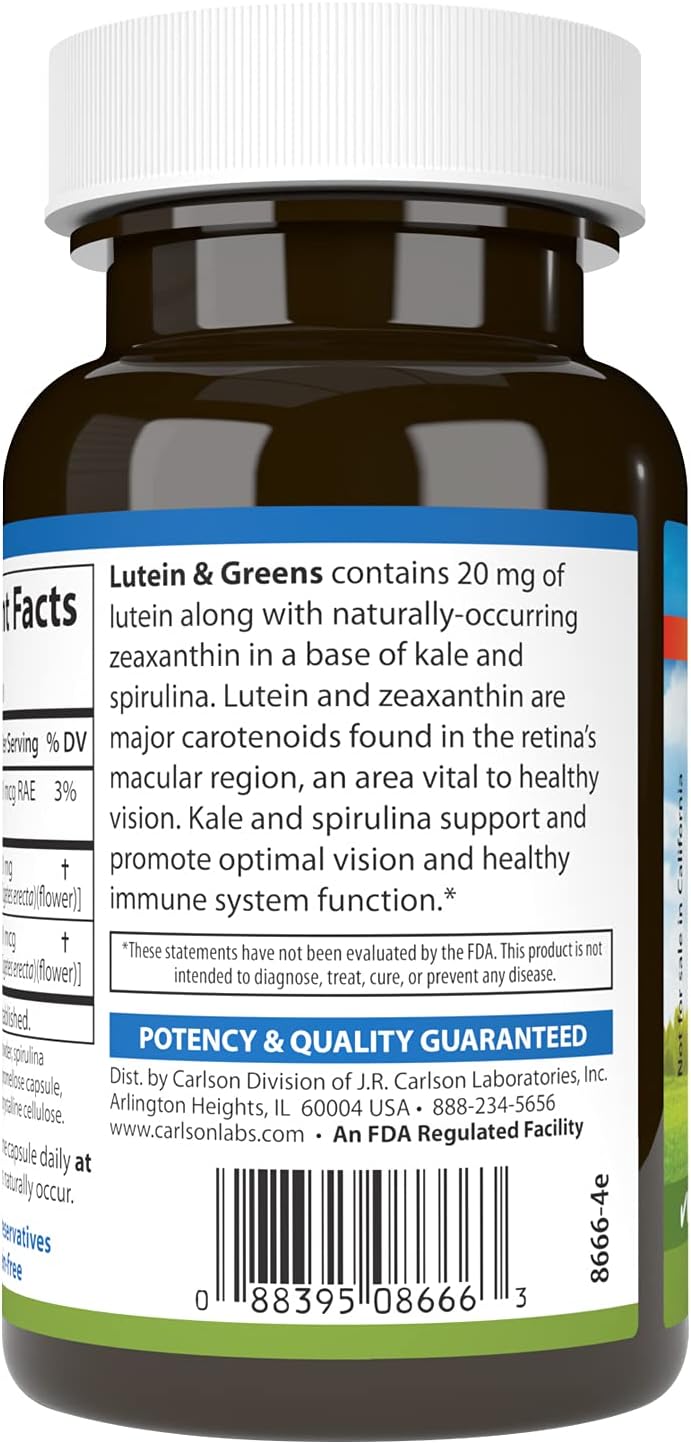 Carlson Lutein & Greens, 20 mg, Vision Support, 60 Vegetarian Capsules | Made with Lutemax 2020; Blue Light Protection; Eye Function