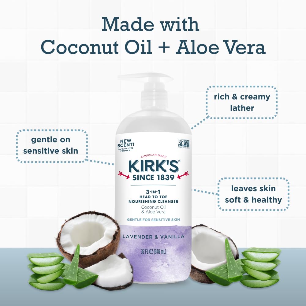 Kirk's Juniper & Lime​ 3-in-1 Nourishing Cleanser, Shampoo Body Wash Bubble Bath, Coconut Oil and Aloe Vera, Vegan Non-GMO, 32 Fl Oz