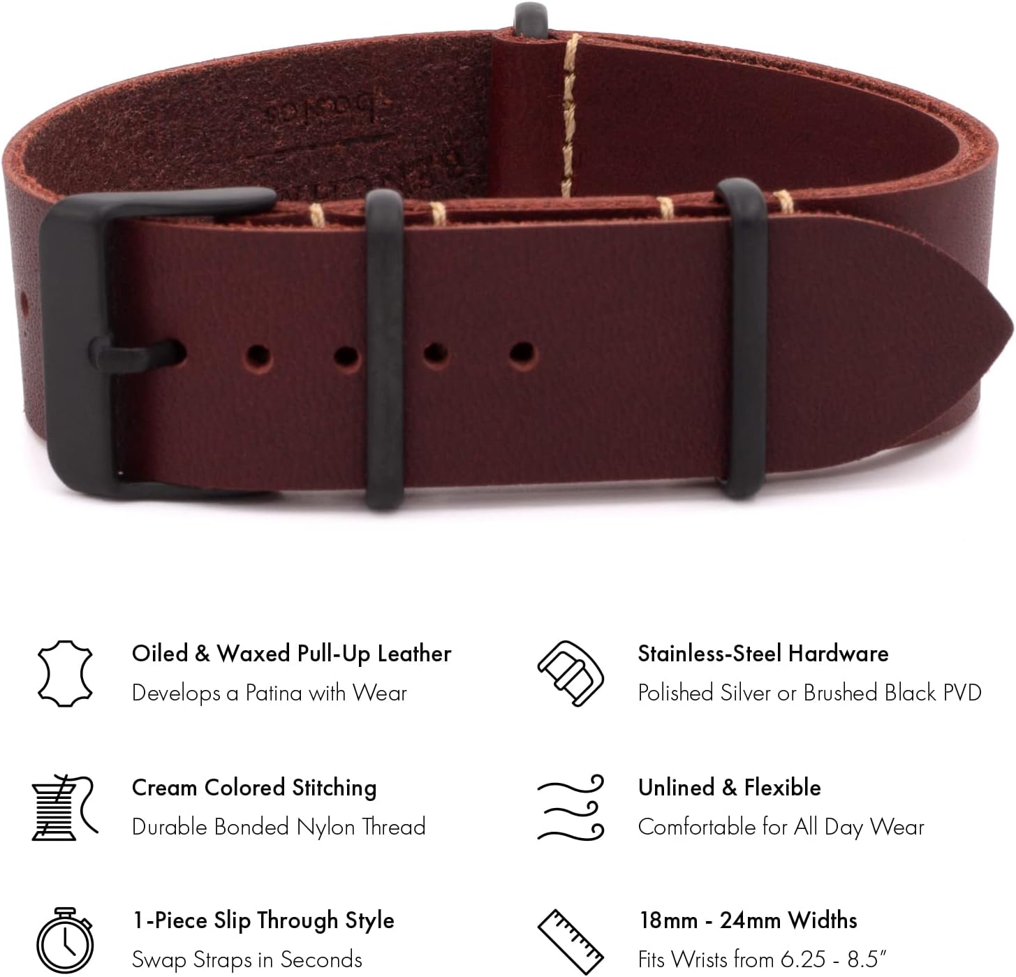 Benchmark Leather Watch Band - Crazy Horse Oiled Leather One-Piece Watch Straps for Men or Women - 18mm, 20mm, 22mm or 24mm Widths