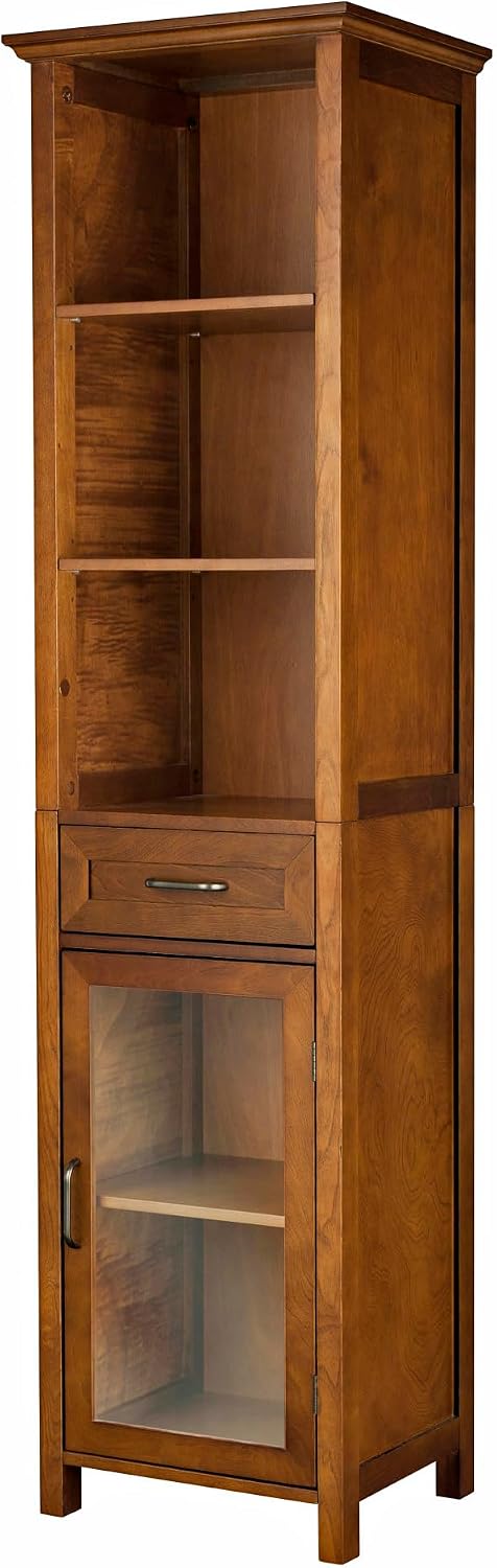 Teamson Home Avery Wooden Bathroom Linen Tower Cabinet with 1 Drawer 3 Adjustable Interior Shelves and 6 Storage Spaces, Oiled Oak