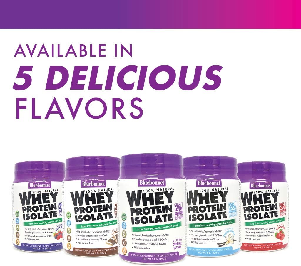 Bluebonnet Nutrition Whey Protein Isolate Powder, Whey from Grass Fed Cows, 26 Grams of Protein, No Sugar Added, Gluten Free, Soy Free, Kosher Dairy, 2.2 lbs, 32 Servings, Original Unflavored | Kosher