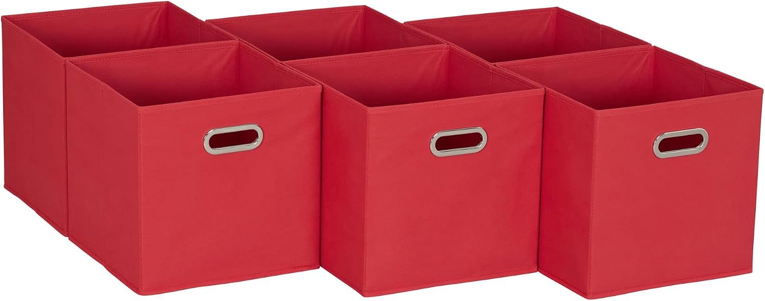 Household Essentials Fabric Storage Bins 6 Piece Set, Strong Poly-Woven Fabric, Sturdy Chipboard Sides, Grommet Front Handle, Stackable and Foldable, Classic Design, Navy