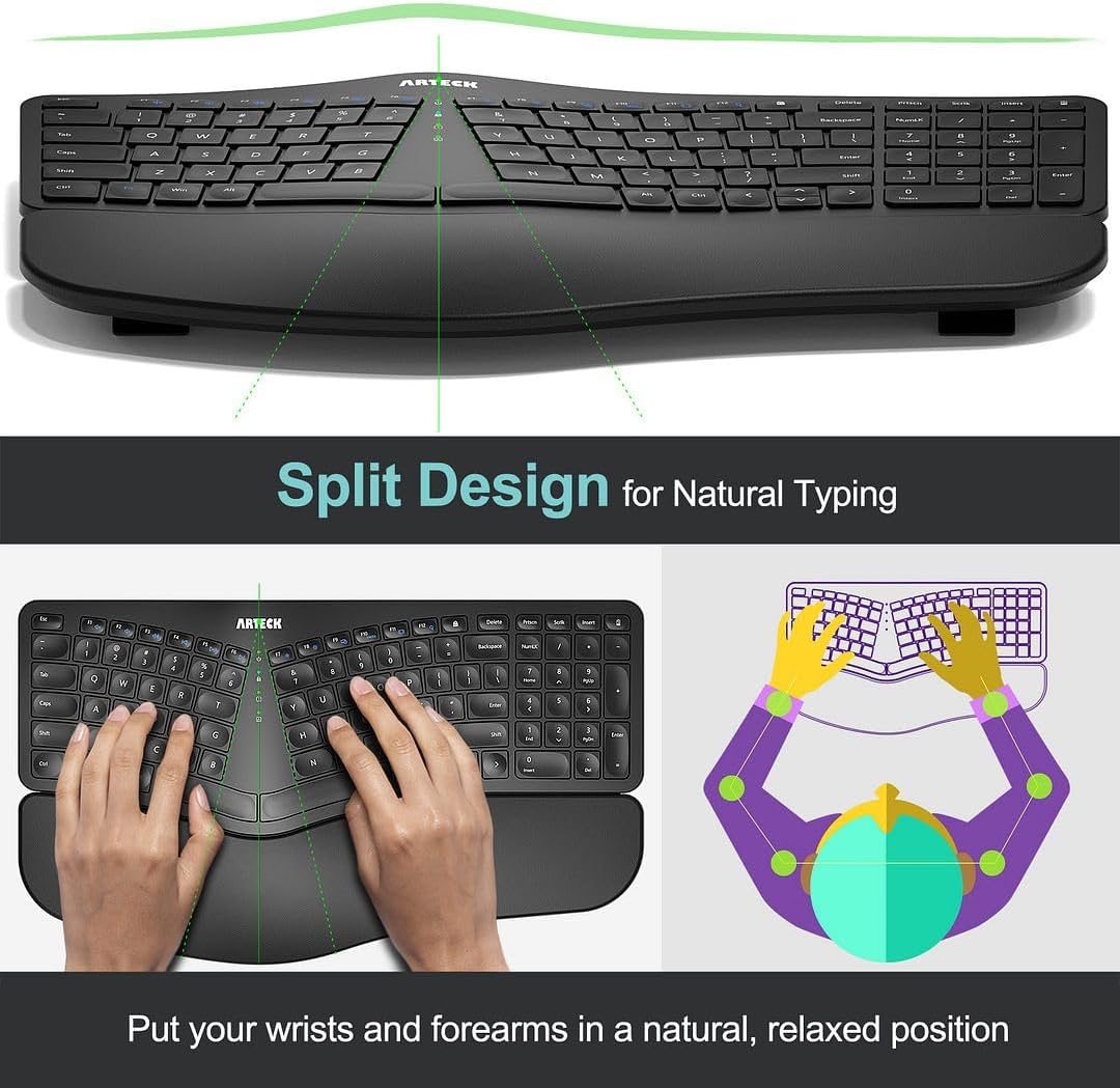 Arteck Split Ergonomic Keyboard with Palm Rest, 2.4G USB Wireless Keyboard