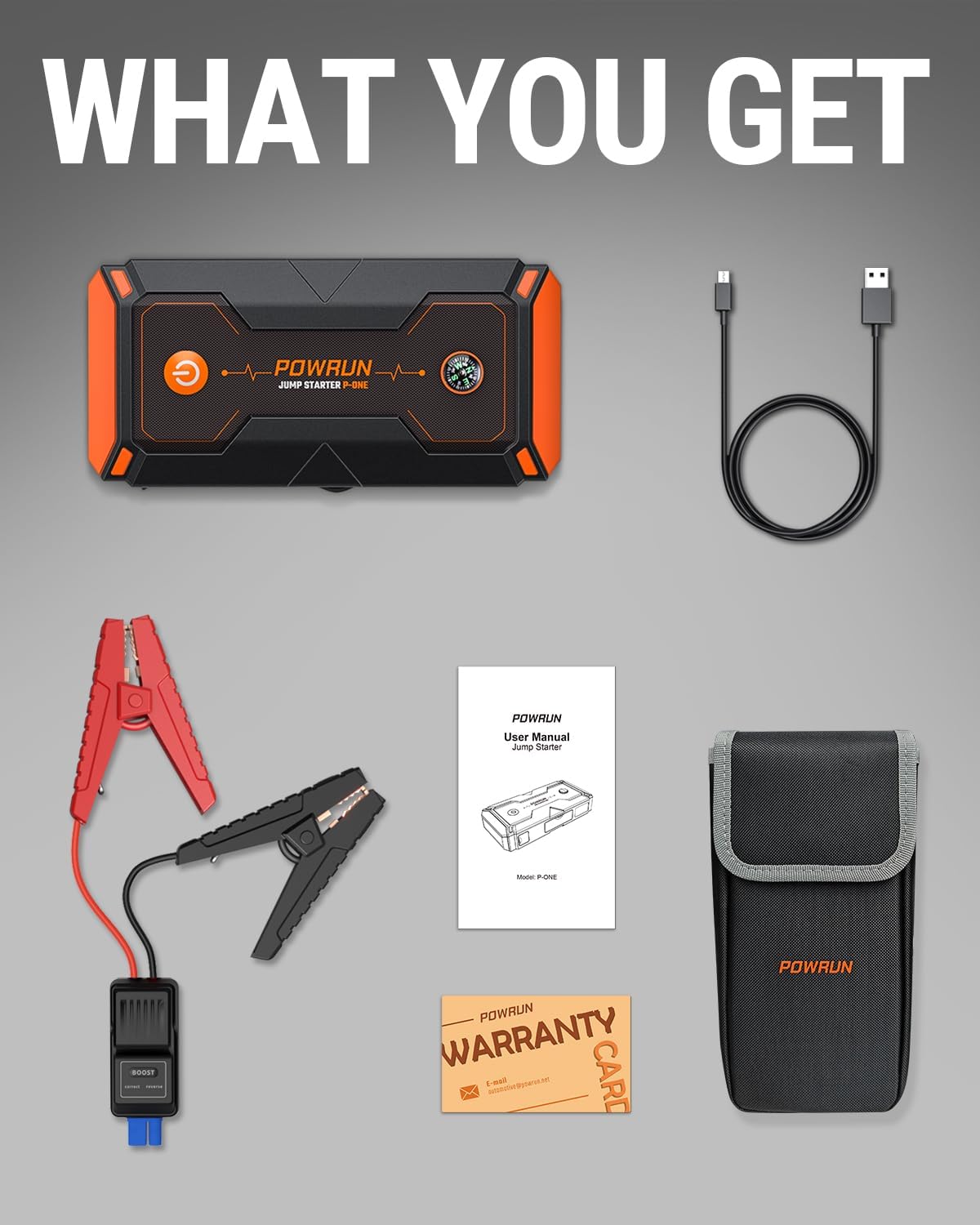 Powrun P-ONE Jump Starter, 2000A Portable Jump Box - Car Jump Starter Battery Pack for up to 8.0L Gas and 6.5L Diesel Engines