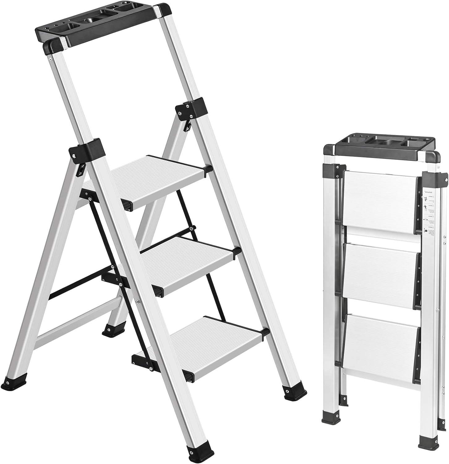 XinSunho 3 Step Ladder, Aluminum Folding Stool with Retractable Handgrip