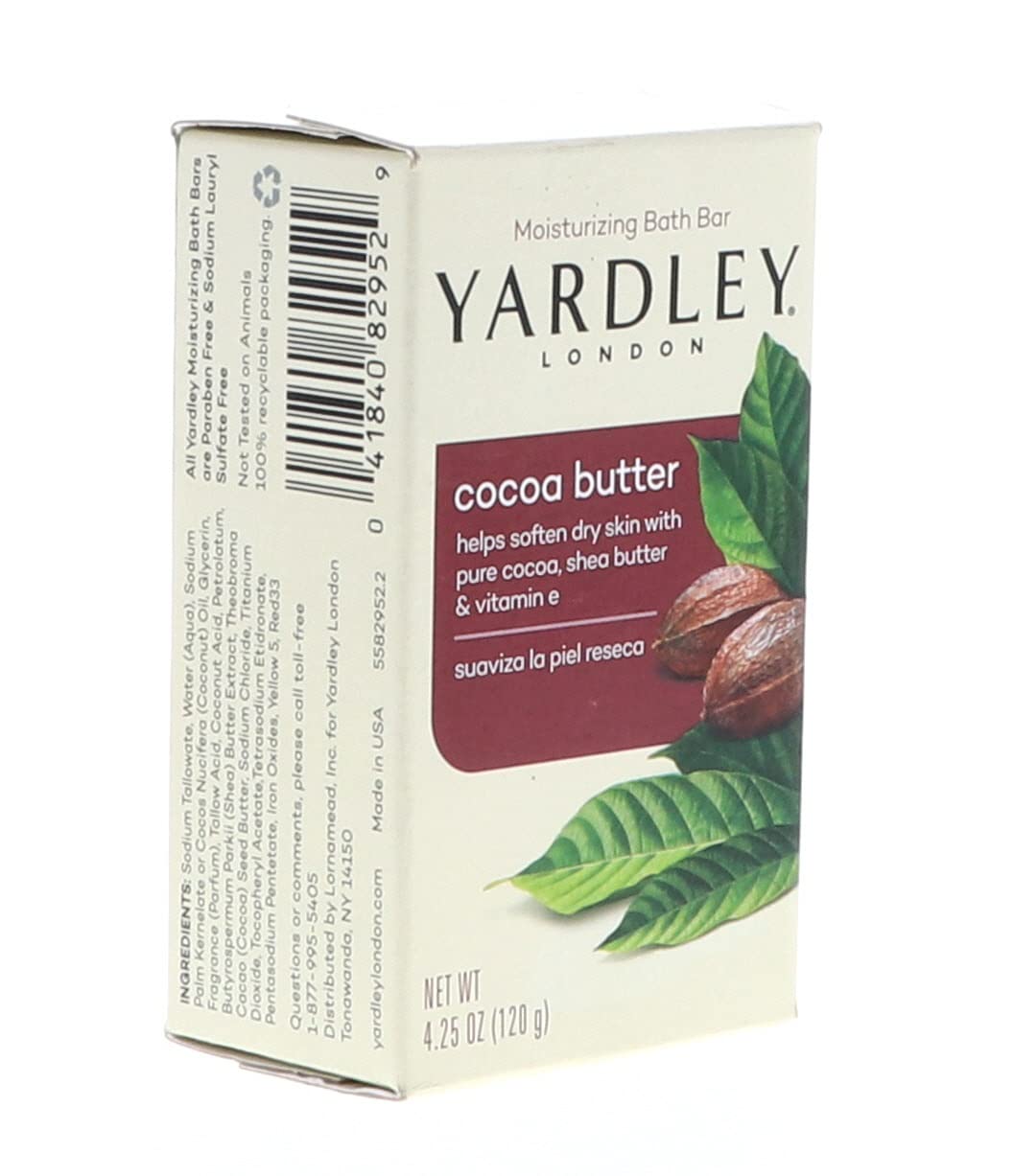 Yardley London Nourishing Bath Soap Bar Cocoa Butter, Helps Soften Dry Skin with Pure Cocoa Butter, Shea Butter & Vitamin E, 4.0 oz Bath Bar, 1 Soap Bar