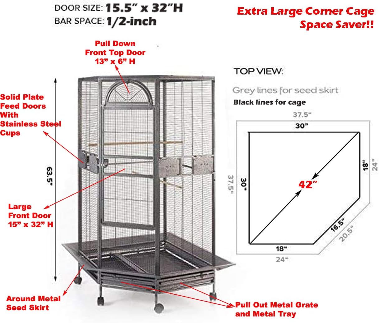 64" Extra Large Corner Bird Flight Breeding Wrought Iron Rolling Parrot Cage Side Solid Metal Plate Feed Doors Pull Out Removable Grate and Tray